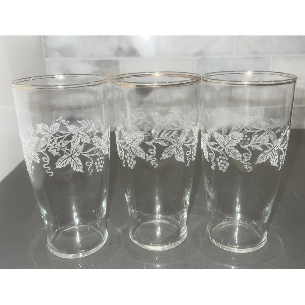 Vintage Bartlett Collins Set of 3 Grape Leaf Etched Glasses Gold Rim 1950s